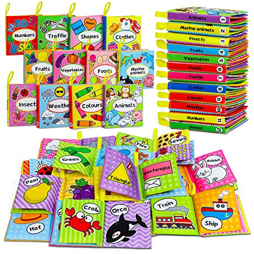 OKOOKO 12PCS Soft Baby Books, Soft Cloth Books, Bath Toys, Crinkle Washable Non-Toxic Early Education Preschool Learning Toy for Newborns Babies Infants Toddlers Kids