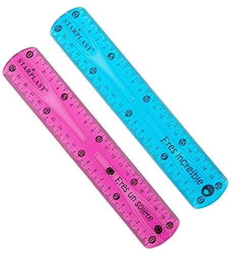 Starplast Regla Flexible 20cm - 4 colores, numeración resistente, frases motivacionales - Pack 2 Surtido