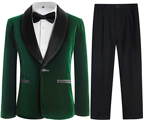 Boys Tuxedo Suit 3 Pieces Kids Formal Slim Fit Velvet Suits Set for Wedding Prom Party, Green, 10 Years