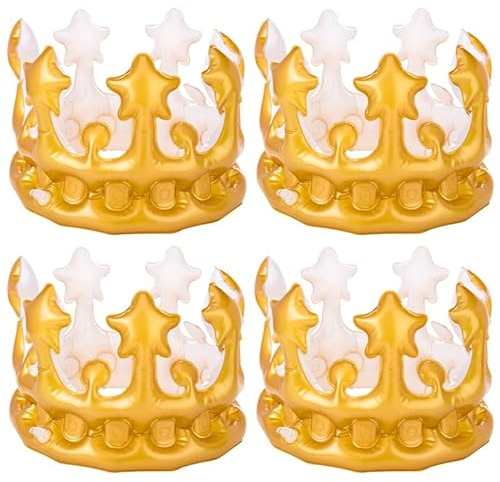 Heyu-Lotus 4 Stück Aufblasbare Krone König, Königin Geburtstagskrone Gold Karnevalskostüm Zubehör für Jugendliche und Erwachsene Geburtstag Dekoration