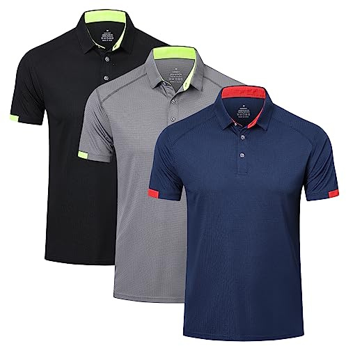 HUAKANG 3 Pack Mens Polo Shirts Short Sleeve Breathable Quick Dry Golf Top Running Sports Tee Top Gym Workout Polo T Shirts 0506 Black Grey Navy-2XL