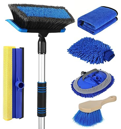 Wontolf 62'' Car Wash Brush with Long Handle, Scratch-Free Soft Bristles Sturdy Car Wash Mop Kit, Complete Car Cleaning Brush Kit Wash Mitt Towel Windshield Squeegee Wheel Tire Brush for Car Truck RV