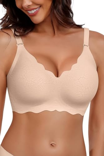 HORISUN Bras for Women No Underwire V Neck Scalloped Wireless Bralettes with Soft Support Comfort Full Coverage Seamless Bra (Milk Coffee,XL)