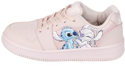 Zapatillas Infantiles de Stitch –Color Rosa –Talla 34-Cierre con Cordones –Zapatillas Deportivas con Suela PVC– Estampado de Stitch y Angel –Calzado Casual Cómodo para Niñas –Producto Oficial Disney