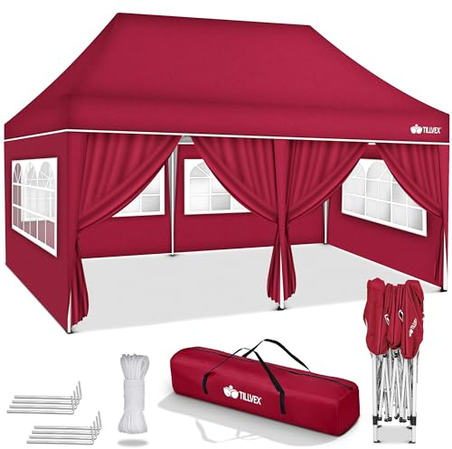 tillvex Pavillon 3x6m wasserdicht | Pop-Up Faltpavillon höhenverstellbar | Gartenzelt UV Schutz 50+ | Partyzelt mit Tasche für Garten (Rot - mit 6 Seitenteilen)