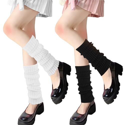 YUWJOOWEE 2Paar Beinwärmer für Damen, Modische Strick-Beinwärmer-Socken im 80er, 90er Jahre-Stil Stulpen für Damen, Stulpen Schwarz Beinwärmer für Partys, Ballett, Tanzen und Sport (Schwarz, Weiß)