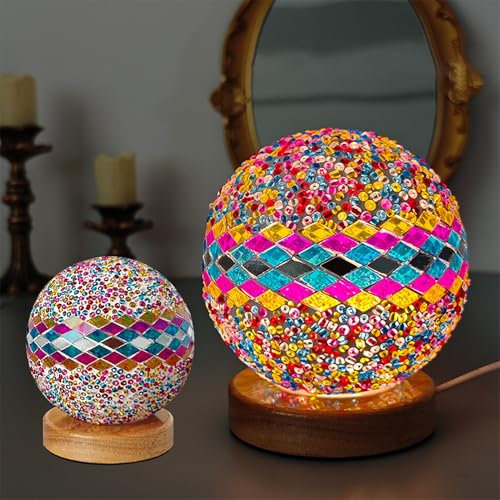 Julyue Lampe de Table Turque,Lampe Marocaine à intensité Variable avec Base en Bois,Boules de Mosaïque en Verre,Lampes de Chevet de Style Bohème,Veilleuse en Mosaïque Alimentée (Rose
