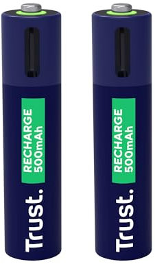 Trust Pilas Recargables AAA USB-C 2 Piezas, Puerto USB-C Integrado, No Necesita Cargador de Batería, Capacidad 500 mAh, Carga con Cable USB/Cargador de Teléfono, Paquete de 2