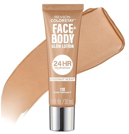 Revlon ColorStay Face & Body Glow Lotion, Loción hidratante bronceadora para rostro y cuerpo, 24h de hidratación, iluminador facial, 110 Glow Through It