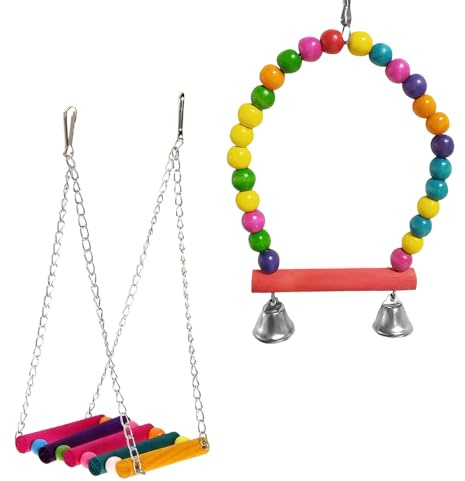 2 Pack Parrot Swing Set – Colorful Wooden Ladder & Perch Toys for Chewing, Climbing & Hanging – Ideal for Budgies, Parakeets, Cockatiels, Conures, and Lovebirds,Random colour