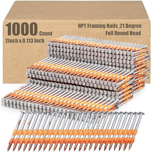 21 Degree Framing Nails 2.8/50 mm Full Round Head Collated Framing Nails Ring Shank Hot Dipped Galvanized Nails Plastic Row Fixed for All Pressure Treated Lumber (1000 per Box, 2 Inch X 0.113 Inch)