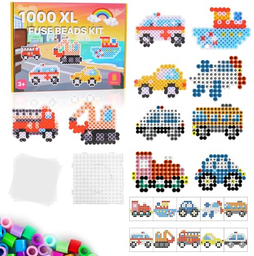 Set Perline da Stirare, 1000 Pezzi 10 Colori Perline a Fusione, 10mm Perline da Stirare, 1 Pegboard, 5 Carte da Stiro, 10 Modelli di Veicoli, Perline per Bambini Regalo di Compleanno Gioco Creativo