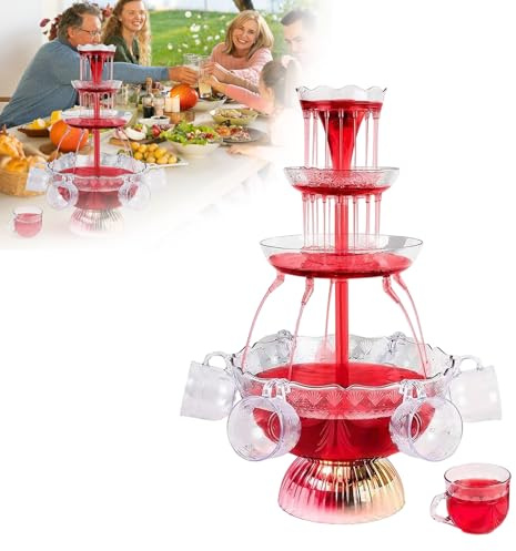 3-Tier Party Fountain, Electric Fountain Drink Machine with 5 Cups, 3L Drink Dispenser for Cocktail Red Wine Beer Juice Beverage, Drinking Fountain with LED Lighted Base for Party Celebration Bar