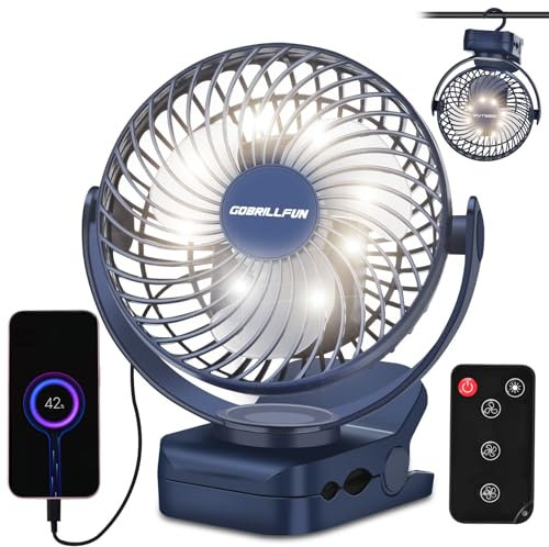 GOBRILLFUN 6 Zoll 12000 mAh Fernbedienung Clip-on Ventilator, LED-Nachtlicht, 3 Geschwindigkeiten, tragbarer persönlicher USB-Ventilator für Zuhause, Büro, Wohnmobil, Camping im Freien - Blau