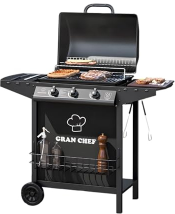 Zendea Barbecue a Gas 3 Fuochi Thomas – BBQ da Esterno in Acciaio Nero con Griglia Inox, Termometro, Cappa, Accensione Piezoelettrica e Ruote, Barbecue a Gas Esterno Compatto e Potente