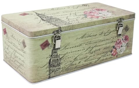 Aoneky Caja de Almacenaje con Tapa y Doble Cierre - 28,5×15×10 cm Caja de Almacenamiento Decorativa Retro Portátil de Metal Hojalata, para Guardar Cosas Galletas Snacks Llaves Tarjetas Fotos, Verde