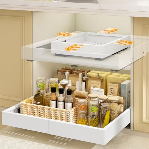 Mointal 2 Pezzi Cassetto Estraibile per Cucina 4 Direzioni, Cassetto Telescopico con Viti/Nastro Adesivo, Organizzatore per Mobili da Cucina, Larghezza 32-53 cm e Profondità 41,5-61 cm, Bianco
