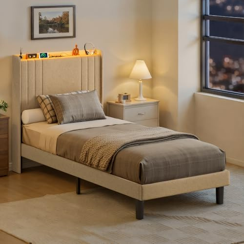 Blishom Letto singolo imbottito,PiattaformaStruttura letto,90 x 200CM,con luce LED(2 Prese CA 2 Porte USB),con Testiera,Per le camere degli ospiti e le camere da letto,Beige