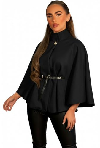 LUXFAB Winter Coats for Women – Elegant Wool Blend Poncho Cape Jacket with Belt, Batwing Sleeves, Stand Collar, Stylish Outerwear One Size