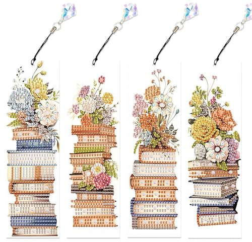 Lot de 4 Marque-Pages Diamond Painting Livre, Marque Pages Peinture Diamant avec et Pendentif, Kit DIY Loisirs Créatifs Adultes, marque-pages de lecture au bureau, Cadeaux pour les amoureux des livres