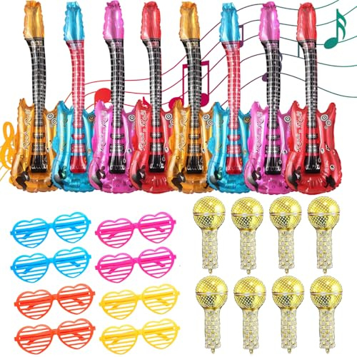 Inflatable Party Props, 24 Pcs Photobooth Party Props Set, Create Memorable Rock Theme Photo Booth Experiences with Inflatable Guitars and Microphones for Music Festivals and Retro Parties
