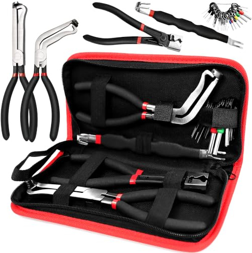 5-in-1 Automotive Electrical Disconnect Pliers Kit, 60° & 90° Angled Wire Connector Removal Tool Set with Terminal Pin Extractor and Hose Clamp Pliers, Damage-Free Release for Car, Truck, SUV