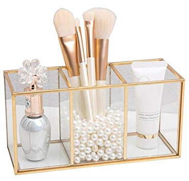 Make-up Pinsel Halter | Schminkpinsel Behälter | Kosmetik Organizer Becher | Glas Aufbewahrungskiste | Luxus Kosmetik Aufbewahrungsbox | Gold 18 x 7 x 9 cm