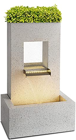 blumfeldt Bloomingstone Zierbrunnen Gartenbrunnen Dekobrunnen Regenbrunnen, mit Pflanzkübel, Indoor & Outdoor, 10 m Kabel, geschlossener Wasserkreislauf, LED, Pumpe: 12 W / 800 l/h, Zink, weiß