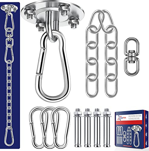 ALECPEA Deckenhaken - Edelstahl Hängesessel Aufhängung bis 400kg - 360° drehbare Deckenhalterung - Komplett-Set inkl. 30cm Verlängerungskette, 3 Karabiner für Hängesessel