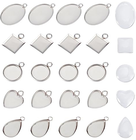 UNICRAFTALE 30 Set 5 Stili Cabochon Impostazioni Ciondolo 304 Vassoi con Cornice Vuota In Acciaio Inossidabile Ovale A Goccia Cuore Piatto Rotondo Base Quadrata Cabochon Charm con Cabochon In Vetro