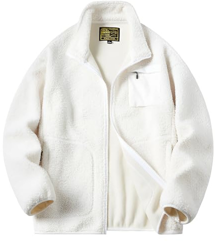 Jamron Unisexe Homme Femme Veste Polaire Teddy Zippée Automne Hiver Veste Chaude en Fausse Fourrure avec Poches Zippées Blanc M