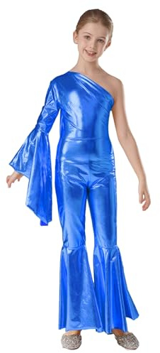Xnihocha Maillot metálico brillante para niña, con mangas acampanadas, traje de ballet de los años 70, traje de discoteca danza, mono de escenario, disfraz, azul cobalto, 110-116