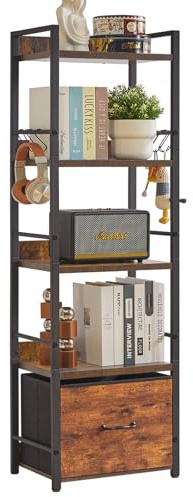 Aibiju Shelf Bookcase, 5-Tier Industrial bookshelf with Fabric Cloth drawers, Free Standing Shelf for Living Room, Bedroom, Kitchen,Office,Steel Frame, Rustic Brown YD-BC001H