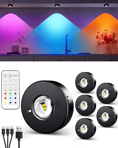EZVALO USB-C RGB LED Spots 6 Stück mit Fernbedienung, 1200 mAh Aufladbar Akku Schrankbeleuchtung mit Timing, Magnetische Unterbauleuchte Led, Vitrinenbeleuchtung LED für Weinschrank, Vitrinen
