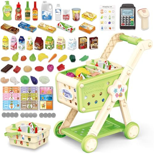 RedCrab Einkaufswagen für Kinder mit Scanner, 74 Stück Lebensmittel Pretend Play Kaufladen Zubehör, Kinder Einkaufswagen Rollenspiel Küche Spielset für Jungen und Mädchen ab 3 Jahre (Grün)