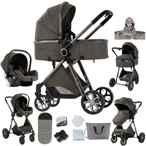 Veitoalioy Carrito Bebe 3 en 1, Portátil Cochecito Plegable, Carrito de Paisaje Alto Se puede empujar hacia adelante y hacia atrás, Cochecito de Bebé Conveniente y Multifuncional (V9 Deep Grey)