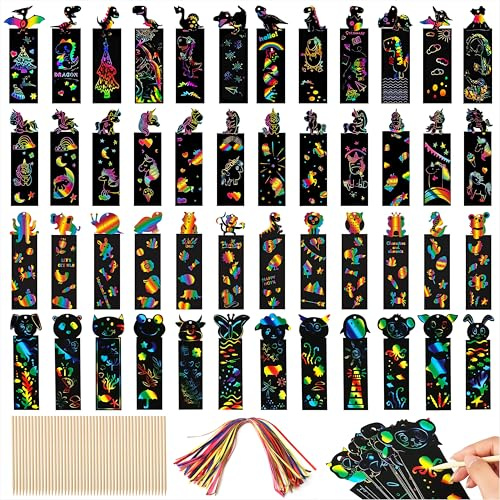 Cartes à Gratter Animaux Marque-Pages à Gratter 48 Motifs Arc-en-ciel Magique Papier a Gratter avec 48 Rubans et 24 Bâtonnets pour Bricolage Jeux Cadeau de Fête