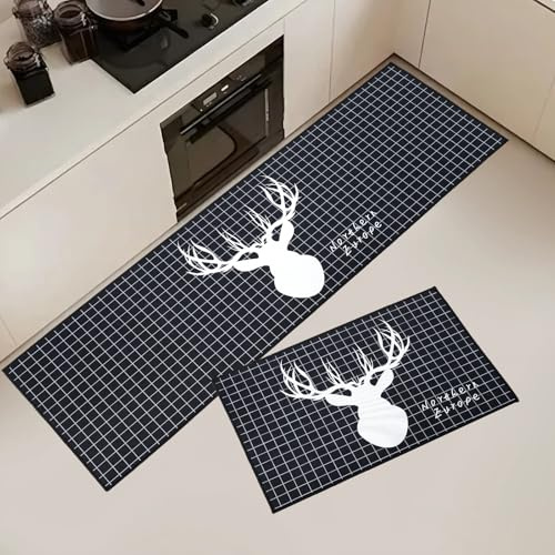 OPLERT Juego de 2 alfombras de Cocina, alfombras de Cocina Boho Antideslizantes y Lavables, Alfombra Absorbente y Resistente a Las Manchas, para el Pasillo y la Puerta Principal,Negro,43x75+43x150cm