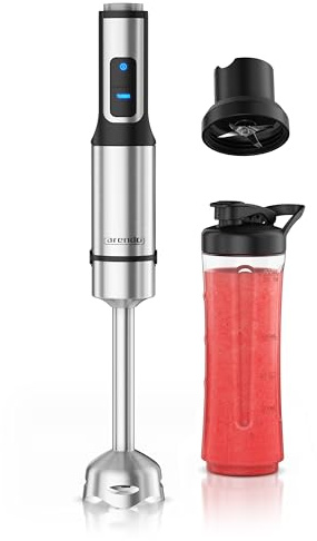 Arendo - 2 in 1 Smoothie Maker Stabmixerr 1500 Watt Edelstahl - mit Trinkflasche Deckel und Messereinheit - Handmixer - Pürierstab - 12 Geschwindigkeitsstufen - Turbotaste – Smoothie Maker to go