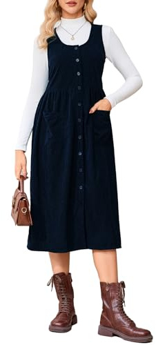 Women's Corduroy Overall Floral Midi Dress Sleeveless Button Front Fall Winter Casual Jumper Tank Dress, Navy Blue, M