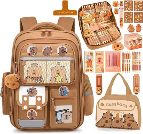 Adius Zaino Capibara Kawaii, Borsa Capibara Per La Scuola Capiente, con Porta Pranzo & Astuccio, Set Di Cancelleria, Materiale Scolastico Capi bara, Per Ragazze, Ragazzi