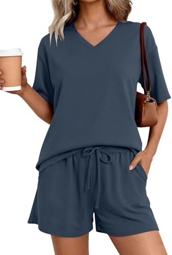 REORIA Women V Neck Activewear Loose Short Sleeve Lounge Wear Set Solid Color Tracksuit Co Ord Sets Two Piece Outfit Navy Blue L