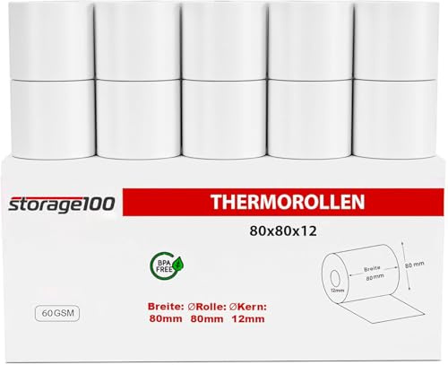 storage100 50 Stk.Thermorollen/Bonrollen/Kassenrollen 80mm x 80mm x 12mm BPA frei 60g/ für alle gängigen Thermo Kassen-Bondrucker B: 80mm x Ø80mm