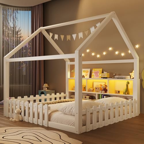 Cama infantil de 140 x 190 cm, con tira de luces LED, compartimentos de almacenamiento abiertos, listón de casa, cama de suelo Montessori con protección contra caídas y somier, cama de madera para