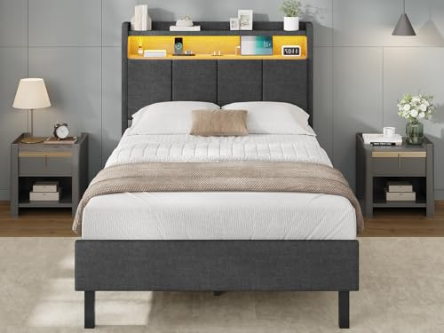 AOGLLATI Estructura de Cama Tapizada con Cabecero 90x200cm, Cama Individual con LED, Marco de Cama Individual con Estación de Carga, Somier 90x200, Camas Juveniles Lino Gris Oscuro