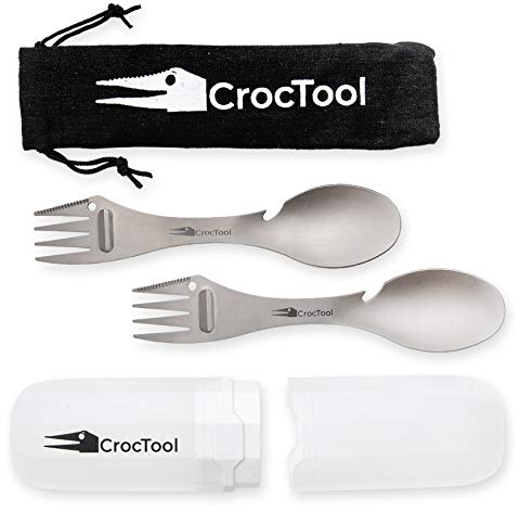 CrocTool Titanium Spork Ultra Lightweight and Strong 5 in 1 Camping Utensil Set-Spoon+Fork+Knife+Peeler+Bottle Opener+Bag+Carry case - Color Titanium Grey