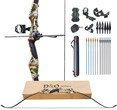 D&Q Recurvebogen Pfeil und Bogen Set 56 Zoll langbogen Rechte Hand Aluminiumlegierung Riser 30-50lbs Jagdbogen für Erwachsene Sportbogen(Tarnung,40lb)