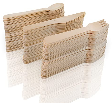 MCE-Commerce Holzbesteck 50 x Holzgabel, 50 x Holzmesser, 50 x Holzlöffel aus Birkenholz A5301150 Braun
