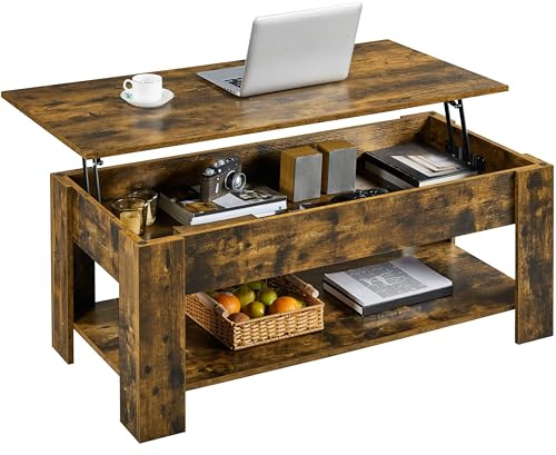Yaheetech Mesa Centro Elevable Industrial Mesa Café con Revistero Mesa Baja de Madera Grande para Salón 120 x 59 x 49,5 cm Marrón Rústico