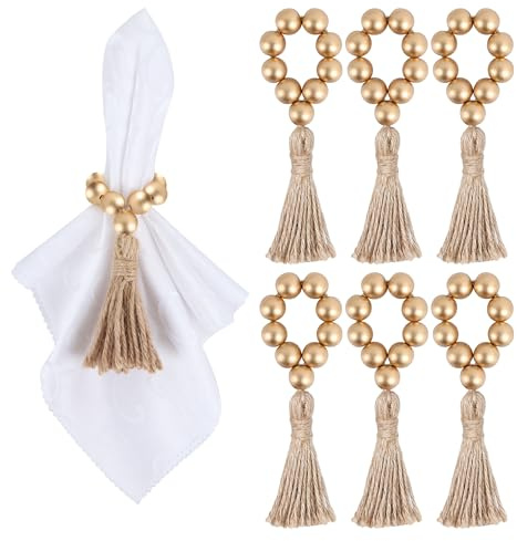 Meplait 6-Piece Wooden Bead Napkin Rings - Farmhouse Stretchable Napkin Rings with Tassel Boho Design for Dining Table & Wedding Decoration (Gold)